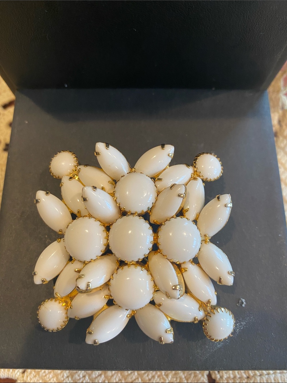 Juliana Ref. No. 7365 Gold Tone-Trim White Milk Glass Cluster Flower Brooch
